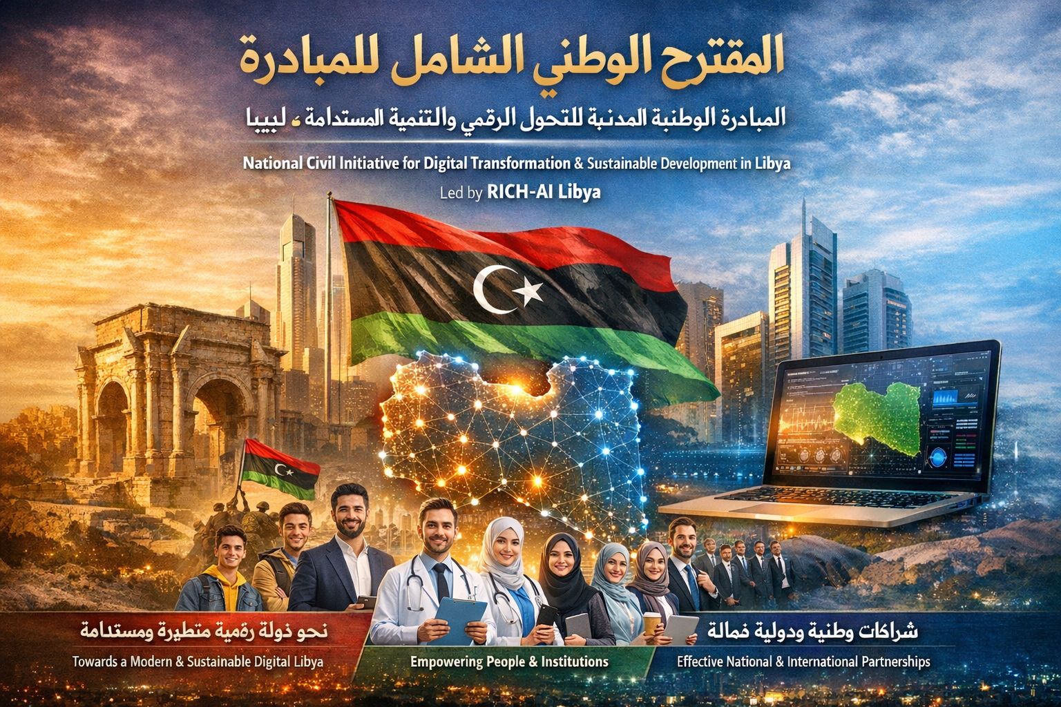 May be an image of ‎one or more people and ‎text that says '‎للمبادرة الشامل الوطني المقترح لبيا المستدامة مة والتنمية الرقمي للتحول المدنبة الوطنبة المبادرة درة National Civil Initiative for Digital Transformation Sustainable Development in Libya edb by RICH-AI Libya slen ومستدم متطيرة رقمية ذولة نحو Towards Modern& Sustainable Digital Libya Empowering People Empowering.People&nstitutions & Institutions 三 خمالة ودولية وطنية شراكات Effective National International Partnerships‎'‎‎